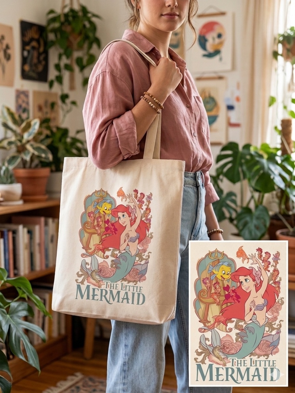 The Little Mermaid Cotton Tote Bag in Cream